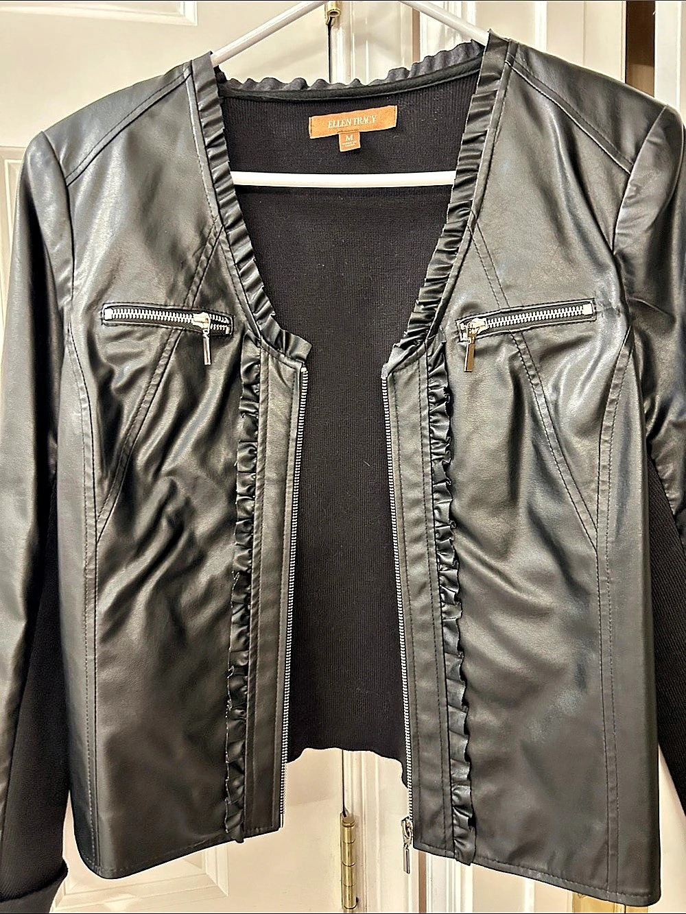Ellen Tracy Faux Leather Ruffle Trim Jacket in Black Size Medium